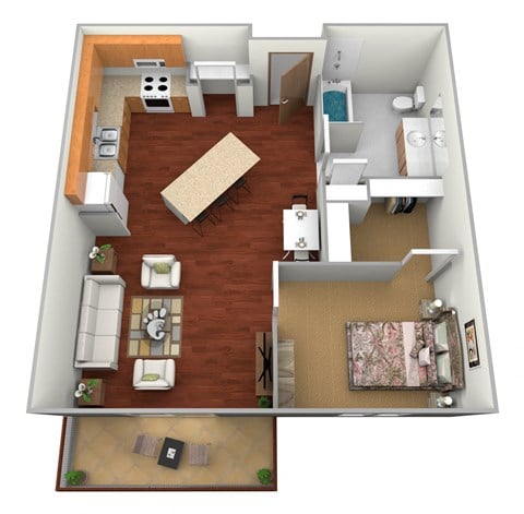 Floor plan for 1 bed, 1 bath, 644 sqft